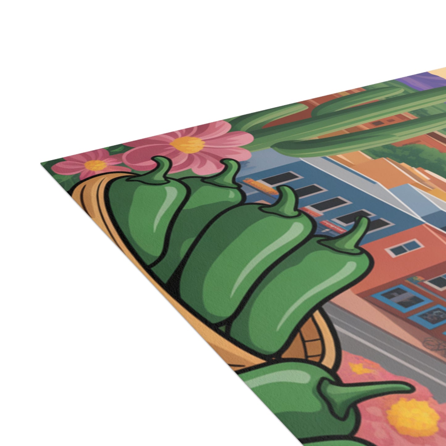 Colorful rug with green chilies, flowers, and buildings on a white background.