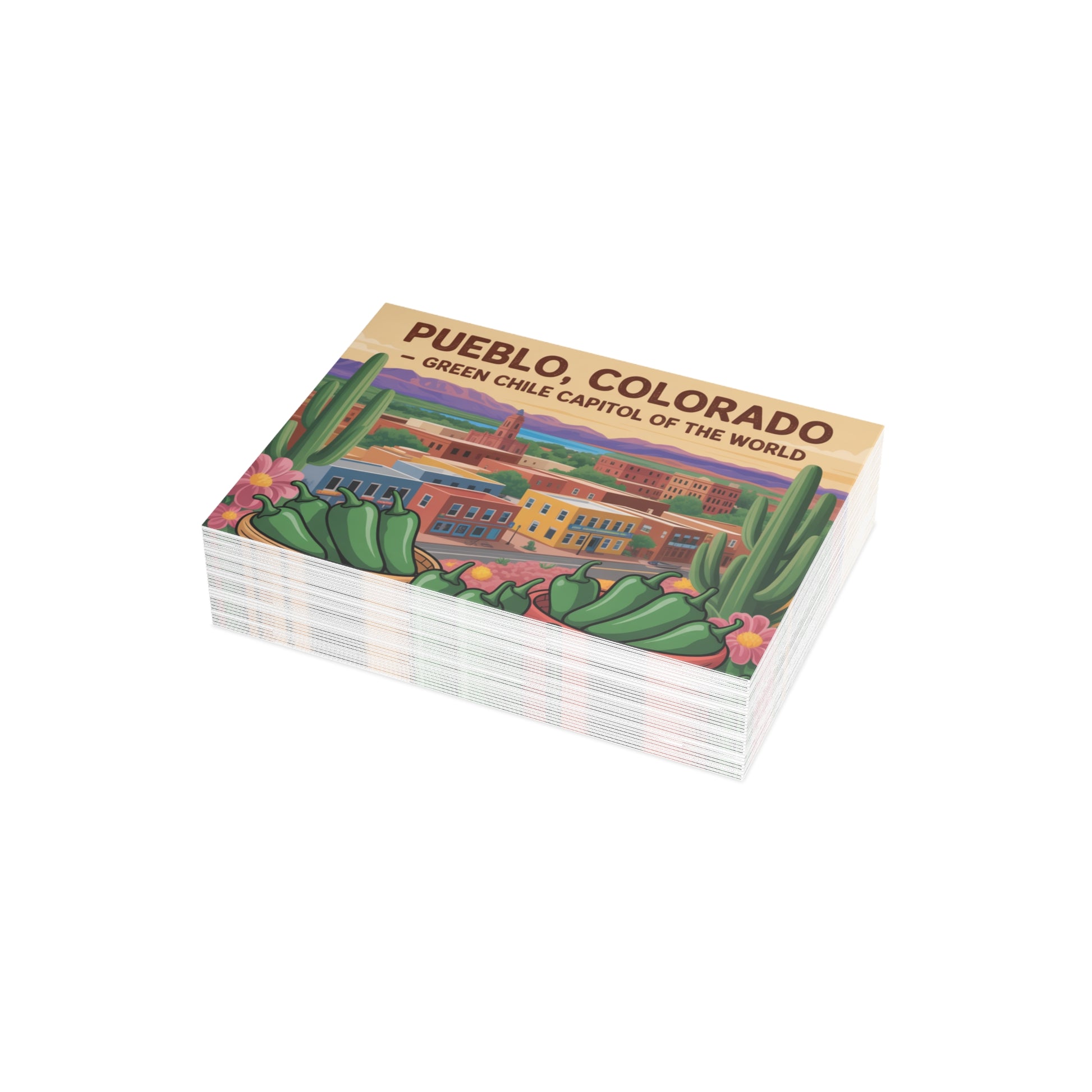 Stack of postcards with Pueblo, Colorado design on a white background