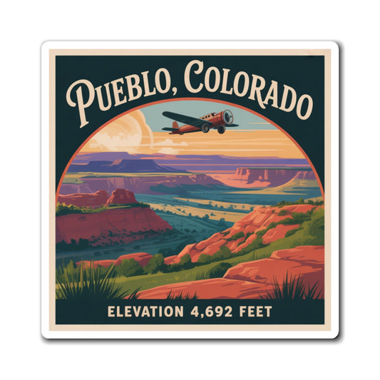 Vintage Pueblo Colorado travel poster style magnet with orange canyons, green valley and airplane on white background
