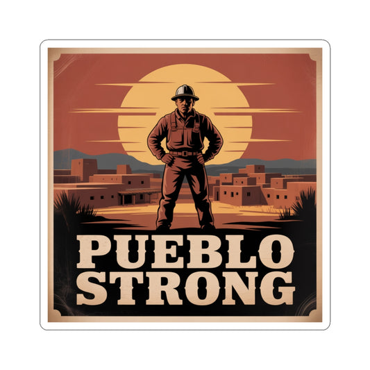 Pueblo Strong Steel City pride sticker with vintage soldier and sunset illustration and bold 'Pueblo Strong' text on white background