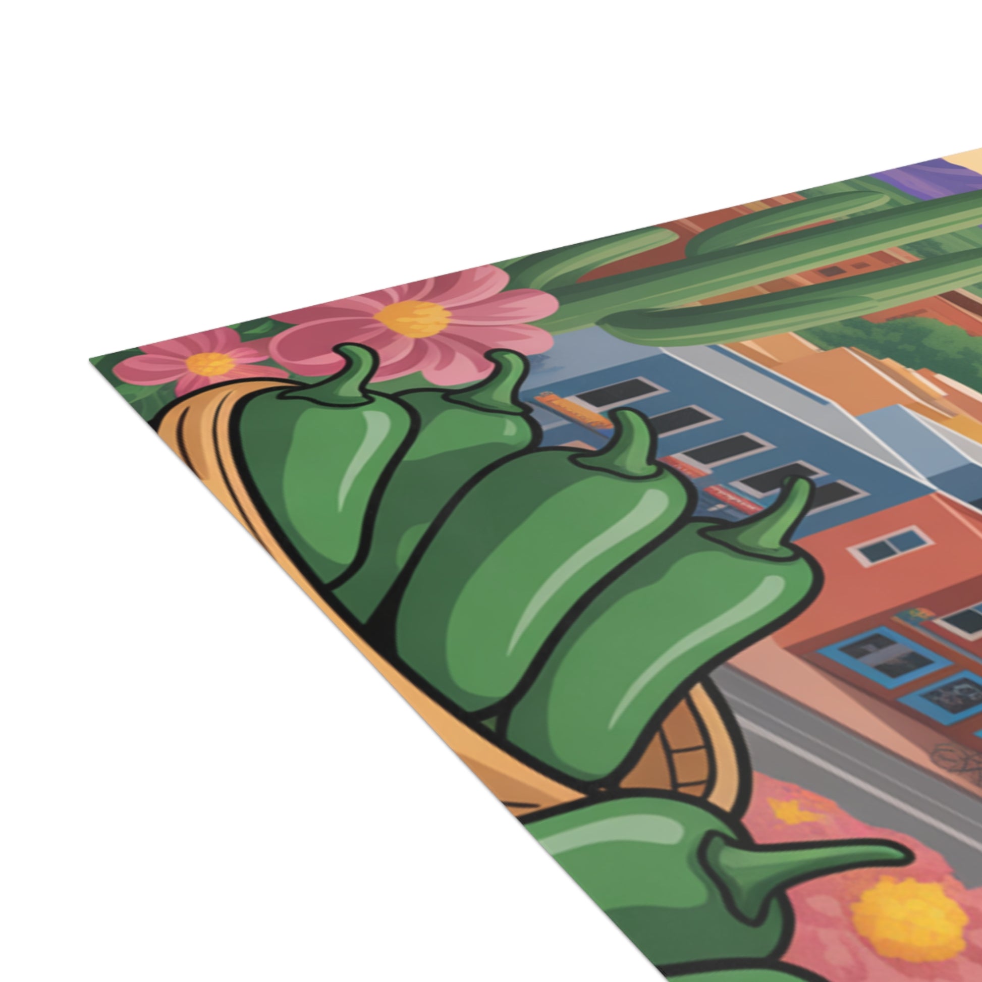 Colorful rug with green chilies, flowers, and buildings